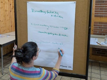 Eine Frau mit zusammengebundenen Haaren und einem bunten, gestreiften Pullover schreibt mit einem blauen Stift auf ein Flipchart. Das Flipchart steht auf einem braunen Stellrahmen. Oben ist ein Schild mit der Aufschrift ‚Verwaltung & Wirtschaft einbinden‘ befestigt. Im Hintergrund sind Holztische, Gläser und Backsteinwände zu sehen.