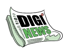 Die Zeichnung zeigt eine Zeitung sowie den Schriftzug "Digi-News". Verwendet werden die Farben Schwarz und Grün.