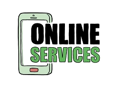 Zu sehen ist eine Grafik, die ein Smartphone zeigt. Die Abbildung wird überlagert von dem Schriftzug "Online-Services", der in den Farben Schwarz und Grün gehalten ist.