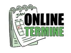 Zu sehen ist ein gezeichneter Kalender. In großer Schrift steht daneben "Online-Termine". Der Schriftzug besteht aus den Farben Schwarz und Grün.&nbsp;&copy;&nbsp;Landkreis Northeim