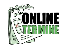 Zu sehen ist ein gezeichneter Kalender. In großer Schrift steht daneben "Online-Termine". Der Schriftzug besteht aus den Farben Schwarz und Grün.