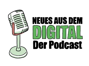 Rechts neben einem gezeichneten Mikrofon steht in schwarzer und grüner Schrift "Neues aus dem Digital - Der Podcast".&nbsp;&copy;&nbsp;Landkreis Northeim