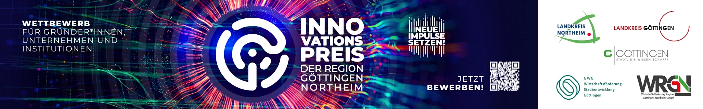 Banner Webseite Innovationspreis 2026 Zu sehen ist ein Banner mit dem Logo des Innovationspreises der Region Göttingen Northeim für das Jahr 2026. © WRGN
