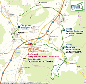 Zu sehen ist ein Kartenausschnitt, auf dem die einzelnen Stationen der Fahrradtour eingezeichnet sind.&nbsp;&copy;&nbsp;Landkreis Northeim