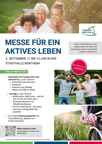 Flyer Messe für ein aktives Leben Plakat zur Messe für ein aktives Leben am 5. September 2026 von 11 bis 14 Uhr in der Stadthalle in Northeim. Für alle, die ein aktives Leben gestalten und erhalten wollen. © Landkreis Northeim