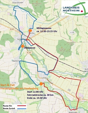 Karte der Fahrradroute für den Fahrradtag 2026 im Bereich Katlenburg, Wachenhausen, Lindau, Bilshausen, Wulften am Harz und Berka. Die rund 30 Kilometer lange Strecke ist blau markiert. Start und Ziel sind am Freizeitgelände am Hopfenberg, Start ist um 11 Uhr, Ende gegen 15.30 Uhr. Eingezeichnet sind außerdem eine Obstpause, eine Mittagspause von etwa 12.30 bis 13.15 Uhr sowie das Logo des Landkreises Northeim.&nbsp;&copy;&nbsp;Landkreis Northeim