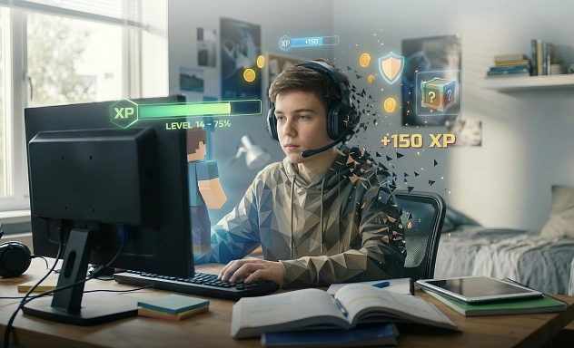 Kinder und Videospiele Jugendlicher mit Headset sitzt am Schreibtisch vor einem Computer und spielt ein Videospiel. Auf dem Bildschirm erscheinen Spielsymbole wie Punkte und Levelanzeigen. Neben dem Computer liegen Schulbücher.