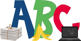 Zu sehen sind die Buchstaben A B und C, davor befindet sich eine Bananenschale, eine Verpackung etc. Es handelt sich um das Logo für das Abfall ABC&nbsp;&copy;&nbsp;Landkreis Northeim