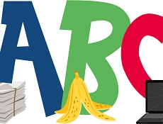 Logo Abfall ABC Zu sehen sind die Buchstaben A B und C, davor befindet sich eine Bananenschale, eine Verpackung etc. Es handelt sich um das Logo für das Abfall ABC