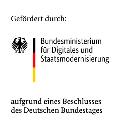 Logo Bundesministerium für Digitales und Staatsmodernisierung Logo des Bundesministeriums für Digitales und Staatsmodernisierung: Links der Bundesadler mit einem schwarz-rot-goldenen Streifen, rechts der Schriftzug ‚Bundesministerium für Digitales und Staatsmodernisierung‘. Darüber steht "Gefördert durch:", darunter "aufgrund eines Beschlusses des Deutschen Bundestages". © Bundesministerium für Digitales und Staatsmodernisierung