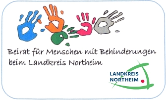 Zu sehen ist das Logo des Beirates für Menschen mit Behinderungen beim Landkreis Northeim. Es besteht aus fünf bunten Handabdrücken und dem Schriftzug "Beirate für Menschen mit Behinderungen beim Landkreis Northeim" in schwarz. Unten rechts ist noch das Logo des Landkreises Northeim eingefügt, ein schematisches Dreieck mit unregelmäßig langen Kanten in grün, einem roten Punkt auf der Innenfläche und dem blauen Schriftzug "Landkreis Northeim".&nbsp;&copy;&nbsp;Beirat für Menschen mit Behinderung