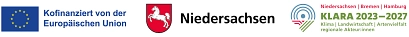 Zu sehen sind die drei Logos der Europäischen Union, des Landes Niedersachsen sowie des Förderprogramms Klara.&nbsp;&copy;&nbsp;Landkreis Northeim