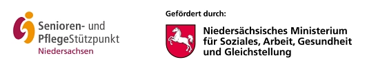 Logokombination Senioren- und Pflegestützpunkt + Ministerium für Soziales (...)(1).png Zu sehen sind von links nach rechts das Logo des Senioren- und Pflegestützpunktes Niedersachen (SPN) und das Logo des Ministeriums für Soziales, Arbeit, Gesundheit und Gleichstellung. Das Logo des SPN hat bis auf das Wort Niedersachsen, das in weinrot gehalten ist, eine graue Schrift. Die Wörter Senioren und Pflege sind gefettet. Links daneben ist ein geschwungenes i in orange und ein i ohne punkt in weinrot, die eineinander greifen.
Das Logo des Ministerium ist in schwarzer, gefetteter Schrift gehalten. Links neben dem Schriftzug befindet sich das Wappen des Landes Niedersachsen - ein weißes Pferd auf den Hinterläufen auf rotem Hintergrund. © Senioren- und Pflegestützpunkt Niedersachsen und Niedersächsisches Ministerium für Soziales, Arbeit, Gesundheit und Gleichstellung