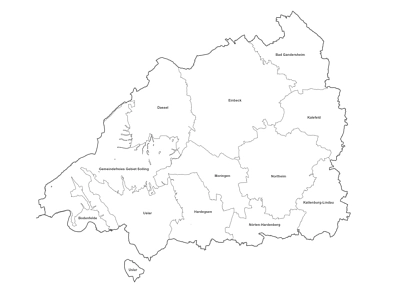 Outlines des Landkreis Northeim Das Bild zeigt die Umrisse des Landkreises Northeim und die Grenzen der einzelnen Städte und Gemeinden © Landkreis Northeim