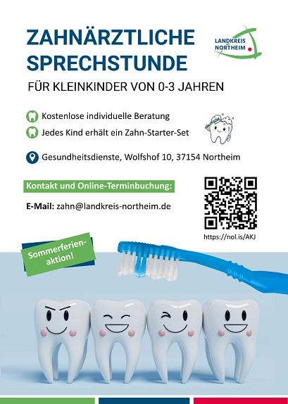 Plakat Kleinkindersprechstunde Jugendzahnärztlicher Dienst 2026 Plakat zur zahnärztlichen Kleinkindersprechstunde des Landkreises Northeim, Kinder- und Jugendzahnärztlicher Dienst. © Landkreis Northeim