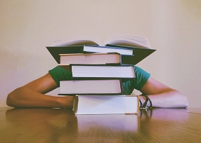 Schüler versteckt sich hinter einem großen Stapel Bücher&nbsp;&copy;&nbsp;Wokandapix auf Pixabay