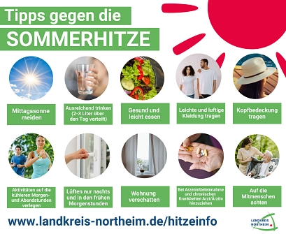 Ein Schaubild mit Tipps gegen Sommerhitze, z.B. viel trinken, Kopfbedeckung tragen, leicht und gesund essen, Schatten suchen, Mittagshitze meiden&nbsp;&copy;&nbsp;Landkreis Northeim