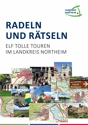 Titelbild einer Broschüre des Landkreises Northeim mit der Überschrift ‚Radeln und Rätseln – Elf tolle Touren im Landkreis Northeim‘. Darunter eine Collage aus Karten, Sehenswürdigkeiten, Landschaften und Fahrradszenen aus der Region.&nbsp;&copy;&nbsp;Landkreis Northeim