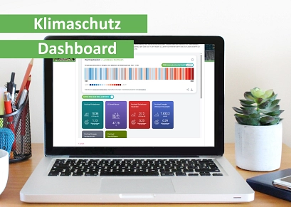 Titelbild Klimaschutz Dashboard Das Bild zeigt einen Laptop von vorne. Darüber der Schriftzug Klimaschutz Dashboard © Landkreis Northeim