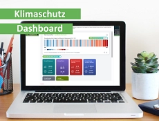 Das Bild zeigt einen Laptop von vorne. Darüber der Schriftzug Klimaschutz Dashboard