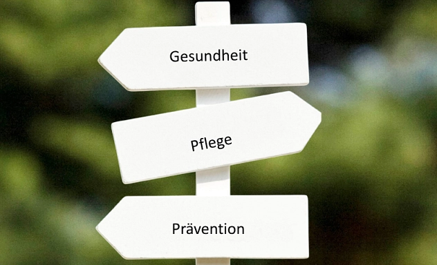 Weißes Wegweisschild mit drei Pfeilen vor unscharfem, grünem Hintergrund. Die Pfeile sind beschriftet mit Gesundheit, Pflege und Prävention.