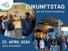 Zukunftstag 2024 Zu sehen ist ein blauer Hintergrund auf dem zwei Fotos in Form von irregulären Kreisen zu sehen sind. Auf beiden Bildern ist eine Gruppe von Kindern und Jugendlichen zu sehen. Einmal ist die Gruppe um einen Empfangstresen versammelt, einmal steht sie in der Garage der Müllautos. In weißer Schrift steht auf dem Bild "Zukunftstag bei der Kreisverwaltung. 25. April 2024. Jetzt anmelden!"